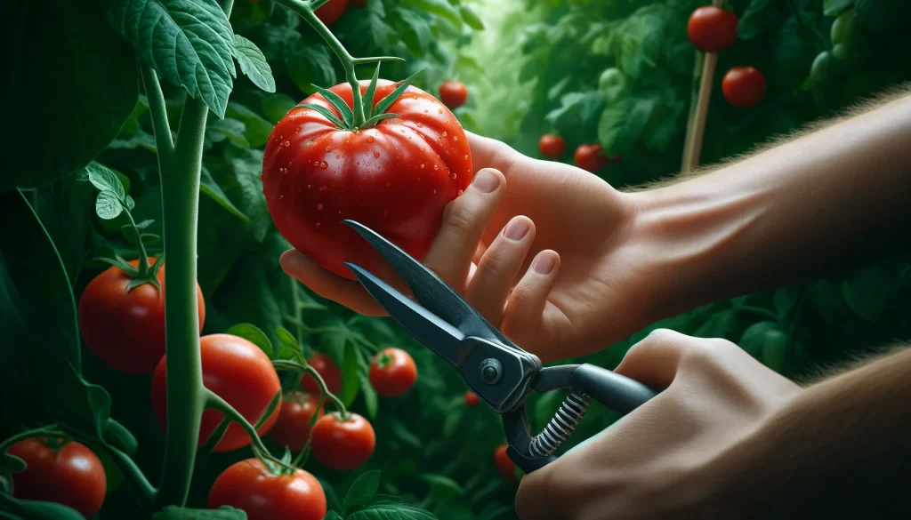 DALL·E 2024 04 22 17.39.08 A highly realistic close up image of a hand harvesting a tomato from a plant. The focus is on a hand using garden shears to carefully cut a ripe red 