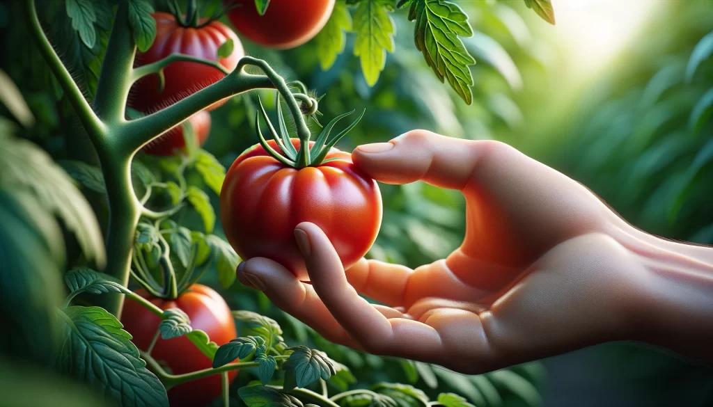 DALL·E 2024 04 22 17.41.25 A highly realistic close up image of a hand picking a ripe tomato directly from the plant without using shears. The focus is on a hand gently pulling 