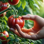 DALL·E 2024 04 22 17.41.25 A highly realistic close up image of a hand picking a ripe tomato directly from the plant without using shears. The focus is on a hand gently pulling