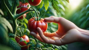 DALL·E 2024 04 22 17.41.25 A highly realistic close up image of a hand picking a ripe tomato directly from the plant without using shears. The focus is on a hand gently pulling