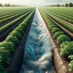 DALL·E 2024 04 26 13.15.12 A highly realistic image of a furrow irrigation system in an agricultural field. The image shows a furrow zurco with water flowing through it surro