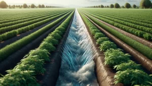 DALL·E 2024 04 26 13.15.12 A highly realistic image of a furrow irrigation system in an agricultural field. The image shows a furrow zurco with water flowing through it surro