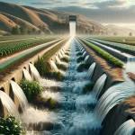 DALL·E 2024 04 26 13.24.21 A highly realistic image depicting a gravity irrigation system in a traditional agricultural setting. The scene shows water flowing from a higher elev