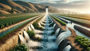 DALL·E 2024 04 26 13.24.21 A highly realistic image depicting a gravity irrigation system in a traditional agricultural setting. The scene shows water flowing from a higher elev