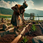 DALL·E 2024 04 26 15.46.58 A highly realistic image of an Aztec farmer using traditional tools to work on a milpa on a chinampa. The farmer dressed in authentic Aztec clothing