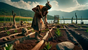DALL·E 2024 04 26 15.46.58 A highly realistic image of an Aztec farmer using traditional tools to work on a milpa on a chinampa. The farmer dressed in authentic Aztec clothing