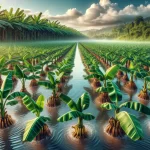 DALL·E 2024 04 26 16.02.40 A highly realistic image of a banana plantation using flood irrigation. The scene shows vast fields of banana plants with large lush green leaves pa