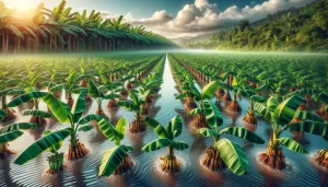 DALL·E 2024 04 26 16.02.40 A highly realistic image of a banana plantation using flood irrigation. The scene shows vast fields of banana plants with large lush green leaves pa