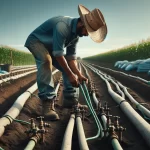 DALL·E 2024 04 29 10.04.28 A highly realistic image of a Mexican farmer installing a drip irrigation system in an agricultural field. The farmer wearing a straw hat denim shir