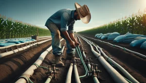 DALL·E 2024 04 29 10.04.28 A highly realistic image of a Mexican farmer installing a drip irrigation system in an agricultural field. The farmer wearing a straw hat denim shir