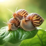 DALL·E 2024 05 02 17.20.27 Image of three garden snails on a lush green leaf showing a natural garden scene. Each snail is distinct featuring brown and yellow mottled shells a