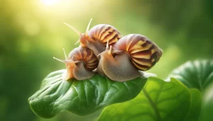 DALL·E 2024 05 02 17.20.27 Image of three garden snails on a lush green leaf showing a natural garden scene. Each snail is distinct featuring brown and yellow mottled shells a
