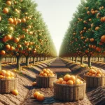 DALL·E 2024 05 08 10.34.22 A highly realistic scene showing freshly harvested oranges in baskets or crates placed among rows of orange trees in an orchard. The trees should be l