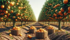 DALL·E 2024 05 08 10.34.22 A highly realistic scene showing freshly harvested oranges in baskets or crates placed among rows of orange trees in an orchard. The trees should be l