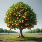 DALL·E 2024 05 08 10.48.35 A highly realistic view of a mature orange tree showing the full tree with lush green leaves and ripe oranges hanging from its branches. The tree sho