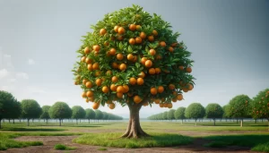 DALL·E 2024 05 08 10.48.35 A highly realistic view of a mature orange tree showing the full tree with lush green leaves and ripe oranges hanging from its branches. The tree sho