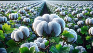 DALL·E 2024 05 08 11.30.39 A highly realistic close up view of cotton in a field. Show fluffy white cotton bolls on branches surrounded by healthy green leaves. The bolls should