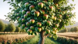 DALL·E 2024 05 08 16.58.10 A highly realistic close up view of an apple tree in a field showing clusters of ripe apples hanging from its branches. The apples should have a natu