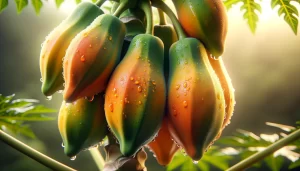 DALL·E 2024 05 13 15.28.18 An ultra realistic close up image of papaya fruits on the tree during the ripening stage. This image should focus on the detailed transition of papaya