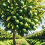 DALL·E 2024 05 15 15.02.13 Close up view of a lemon tree with green lemons in a lemon field in Mexico. The tree branches are laden with vibrant green lemons and the lush green