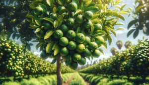 DALL·E 2024 05 15 15.02.13 Close up view of a lemon tree with green lemons in a lemon field in Mexico. The tree branches are laden with vibrant green lemons and the lush green