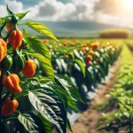 DALL·E 2024 05 15 18.08.16 A close up view of a habanero chili plant in a field in Mexico. The plant is lush with green leaves and has several vibrant orange habanero chilies ha