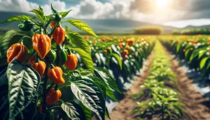 DALL·E 2024 05 15 18.08.16 A close up view of a habanero chili plant in a field in Mexico. The plant is lush with green leaves and has several vibrant orange habanero chilies ha