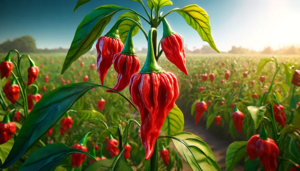 DALL·E 2024 05 21 15.11.08 A close up view of a Carolina Reaper chili plant in a field. The plant has vibrant green leaves and several bright red wrinkled chilis hanging from i