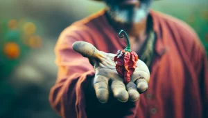 DALL·E 2024 05 21 15.16.56 A farmer's hand holding a Trinidad Scorpion Butch T chili. The chili is bright red and wrinkled, with a distinctive scorpion tail like shape. The hand