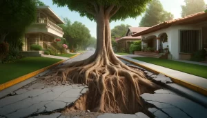 DALL·E 2024 05 21 15.57.00 A realistic 16 9 image showing a tree root lifting a sidewalk in a residential area in Mexico. The roots are large and have grown under the concrete,