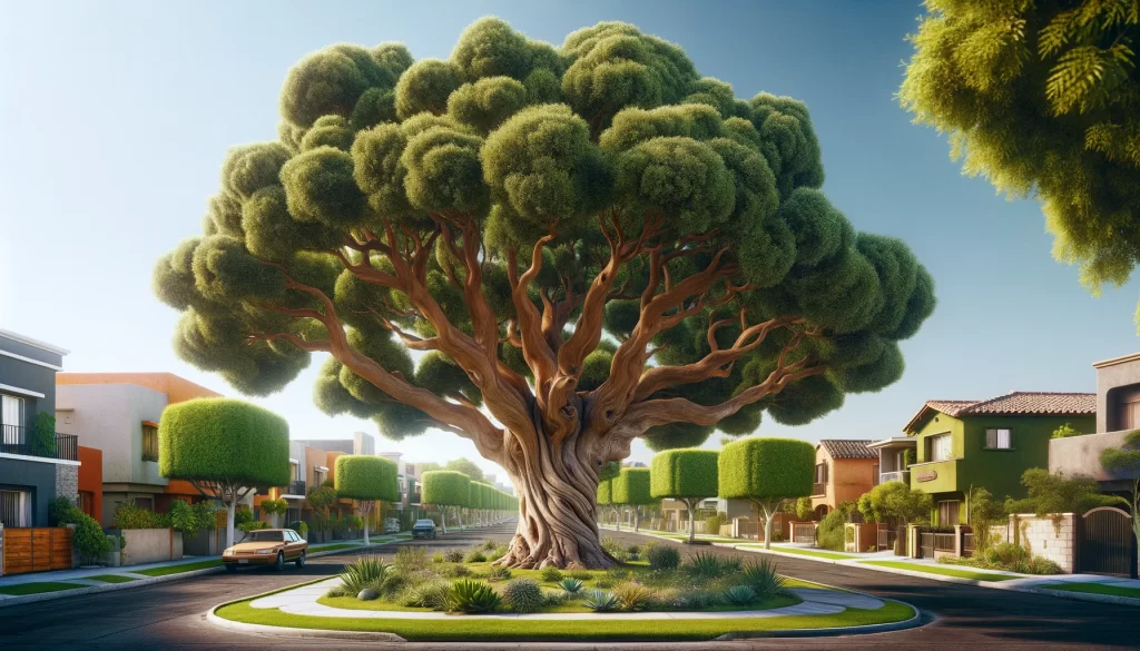 DALL·E 2024 05 21 15.58.25 A realistic 16 9 image of an Encino tree Quercus spp. in a residential area. The tree has a strong thick trunk with wide spreading branches covere