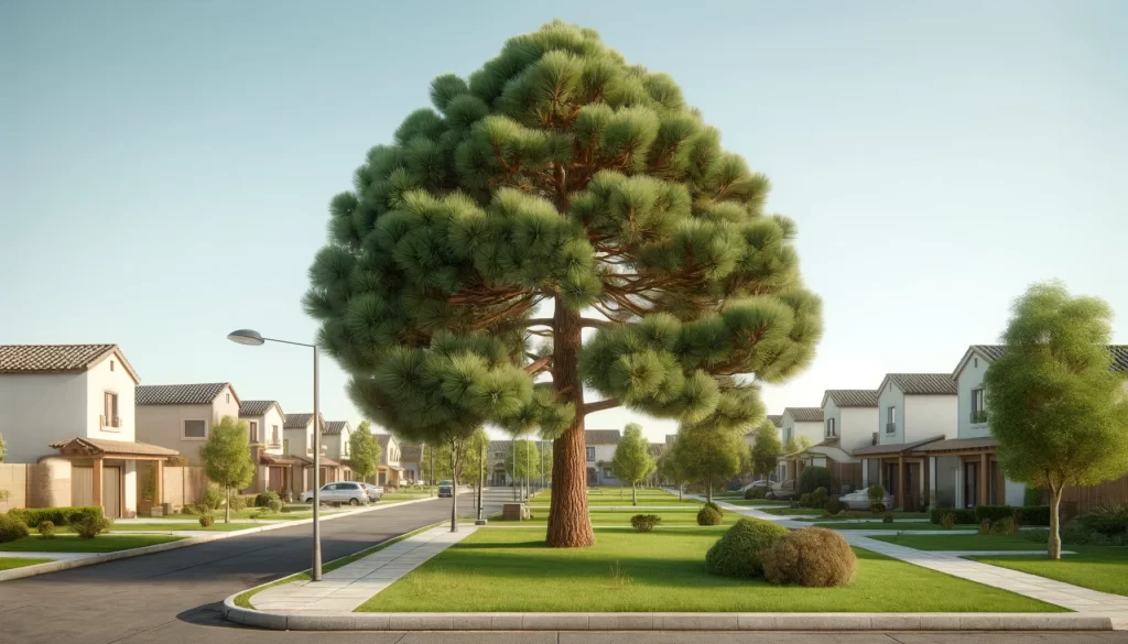 DALL·E 2024 05 21 16.01.19 A realistic 16 9 image of a Pino Pinonero tree Pinus cembroides in a residential area. The tree has a tall slender trunk with a dense canopy of nee