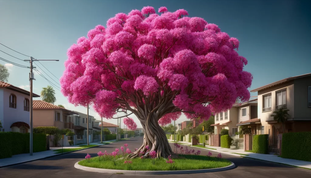 DALL·E 2024 05 21 16.04.52 A realistic 16 9 image of an Arbol de las Orquideas Bauhinia spp. in a residential area. The tree has a medium height with a spread of branches cove