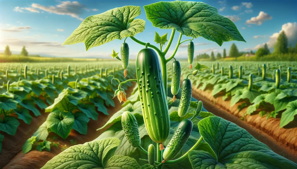 DALL·E 2024 05 22 09.29.11 A realistic image of a cucumber plant in a field. The image focuses on the plant with both mature and young fruits. The mature cucumbers are green and
