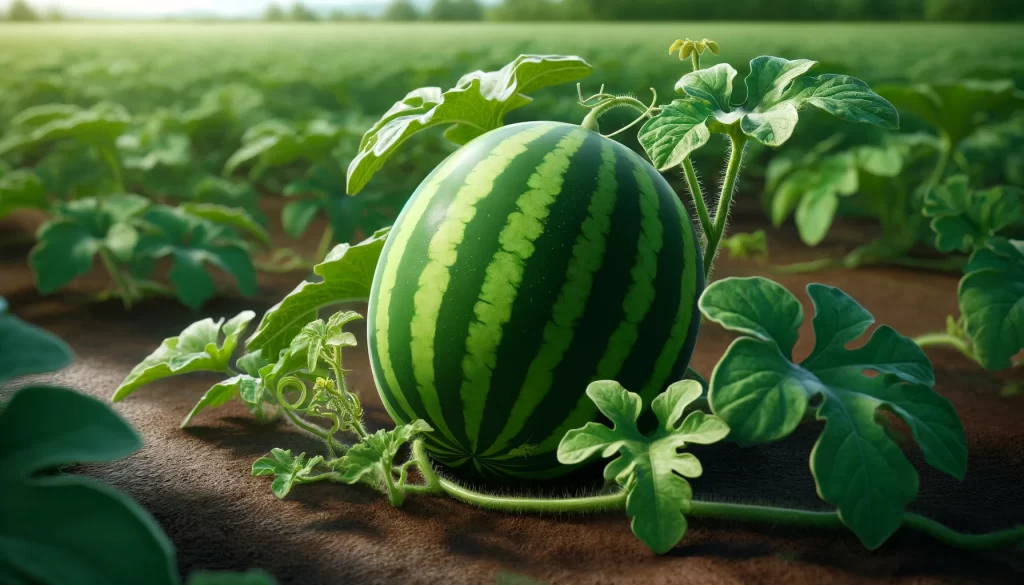 DALL·E 2024 05 22 09.30.53 A realistic image of a watermelon plant in a field. The image focuses on the plant with a close up view of a mature watermelon. The mature watermelon
