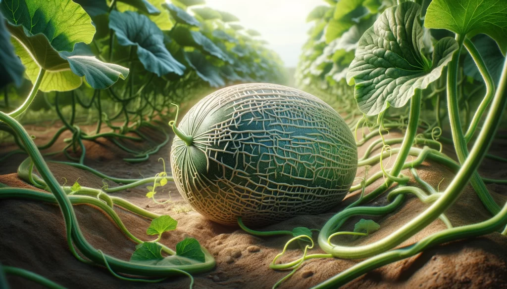 DALL·E 2024 05 22 09.33.41 A realistic image of a melon plant in a field. The image focuses on the plant with a close up view of a mature melon. The mature melon is large with