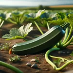 DALL·E 2024 05 22 09.44.39   A realistic image of a zucchini plant in a field. The image focuses on the plant with a close up view of a mature zucchini. The mature zucchini is dar