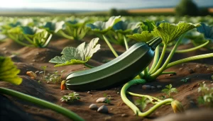 DALL·E 2024 05 22 09.44.39   A realistic image of a zucchini plant in a field. The image focuses on the plant with a close up view of a mature zucchini. The mature zucchini is dar
