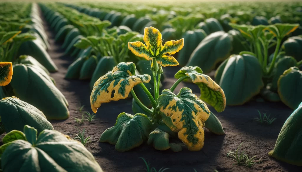 DALL·E 2024 05 22 09.47.54 A realistic image of a zucchini plant in a field with some leaves showing damage. The image focuses on the leaves with visible yellow spots and signs
