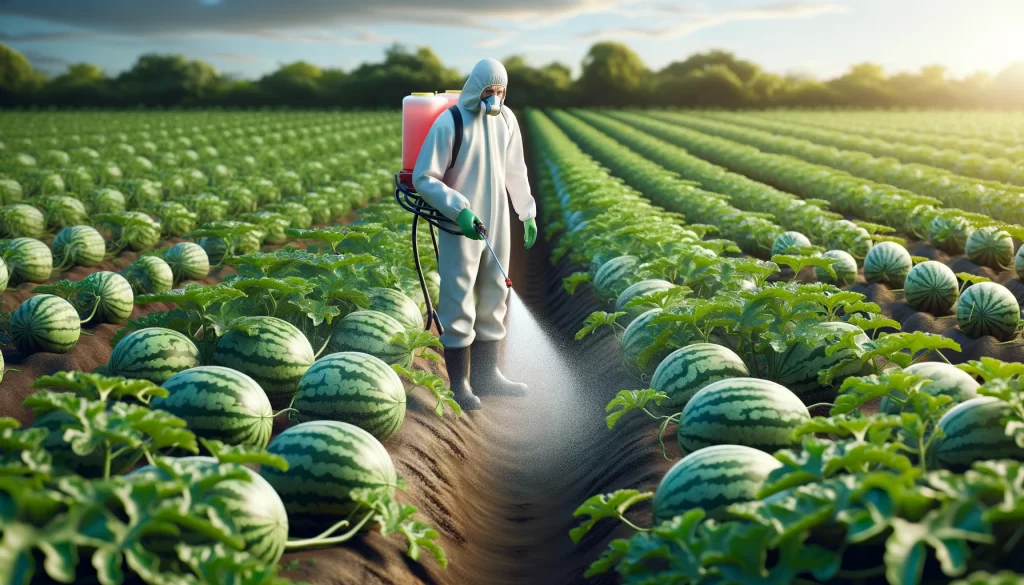 DALL·E 2024 05 22 09.50.13 A realistic image of a farmer in a field of watermelons applying pesticide to control pests. The farmer is wearing protective clothing and using a sp