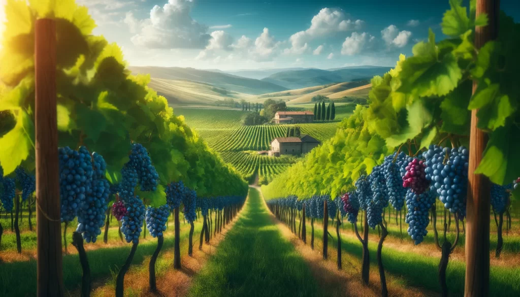 DALL·E 2024 05 24 18.09.41 A highly realistic 16 9 image of a vineyard with rows of grapevines under a bright blue sky. The vines are lush and green full of dark purple grapes