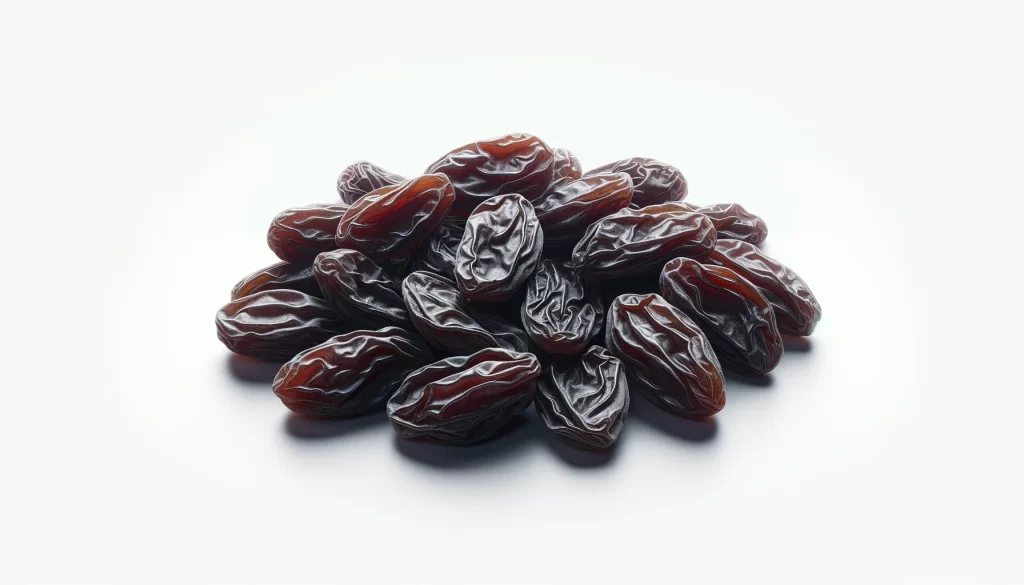 DALL·E 2024 05 24 18.11.06 A highly realistic close up image of raisins on a white background. The raisins are plump dark and slightly glossy showing the detailed texture and