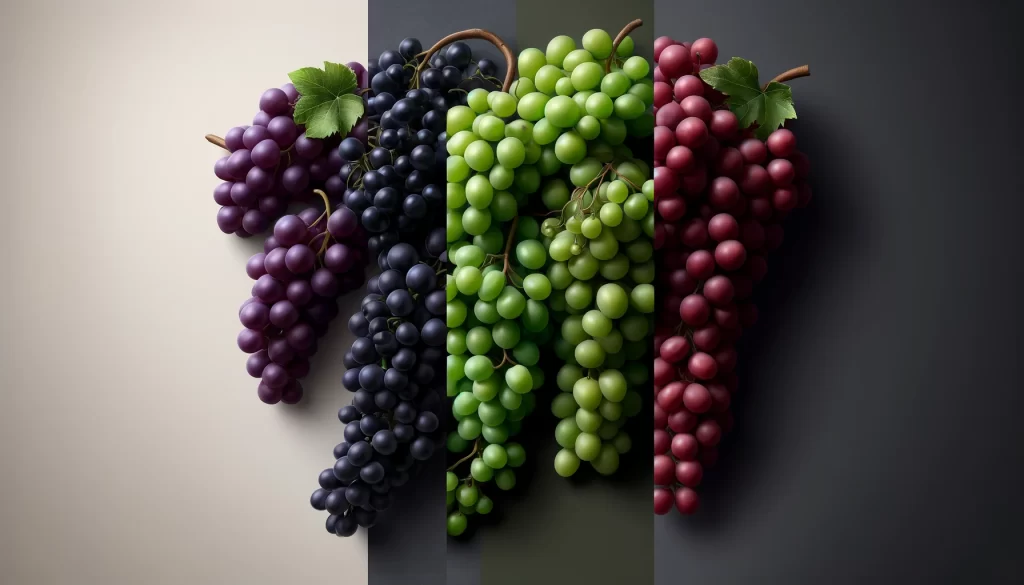 DALL·E 2024 05 24 18.12.31 A highly realistic image showcasing different types of grapes against a contrasting background. The image includes bunches of dark purple grapes gree