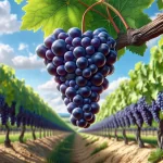 DALL·E 2024 05 24 18.13.48   A highly realistic close up image of a bunch of grapes hanging on a vine in a vineyard. The grapes are plump and dark purple, indicating they are read