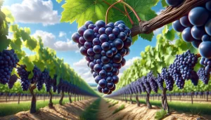 DALL·E 2024 05 24 18.13.48   A highly realistic close up image of a bunch of grapes hanging on a vine in a vineyard. The grapes are plump and dark purple, indicating they are read