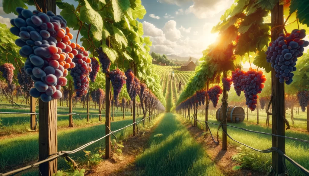 DALL·E 2024 05 27 16.39.16 A realistic vineyard scene in a 16 9 aspect ratio. The image shows rows of grapevines laden with clusters of ripe grapes. The vines are supported by t