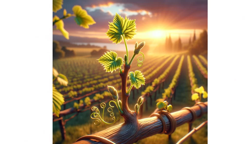 DALL·E 2024 05 27 16.41.28 A realistic close up view of grapevine shoots in a more developed stage with young leaves and tendrils growing from the branches. The scene is set du