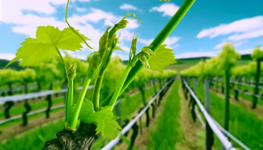 DALL·E 2024 05 27 16.43.15 A realistic scene of grapevine shoots during the development stage with elongated green shoots fully grown young leaves and tendrils reaching out f