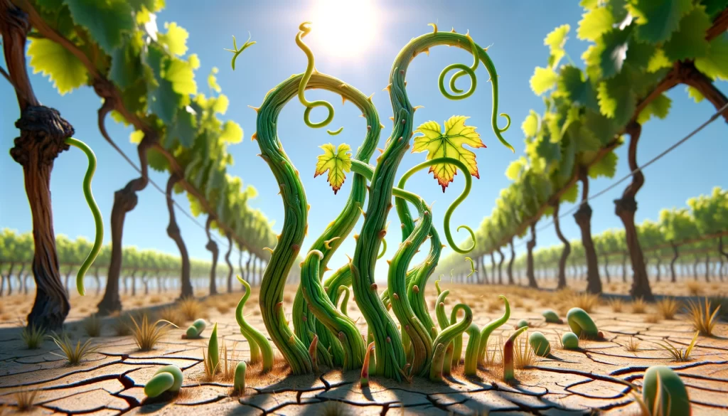 DALL·E 2024 05 27 16.44.40 A realistic scene of grapevine shoots during the development stage in drought and heat conditions. The elongated green shoots and young leaves appear