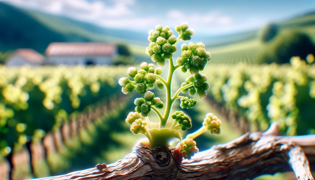 DALL·E 2024 05 27 16.47.47 A realistic close up view of grapevine flowers during the flowering stage in a vineyard. The image focuses on small delicate clusters of greenish whi